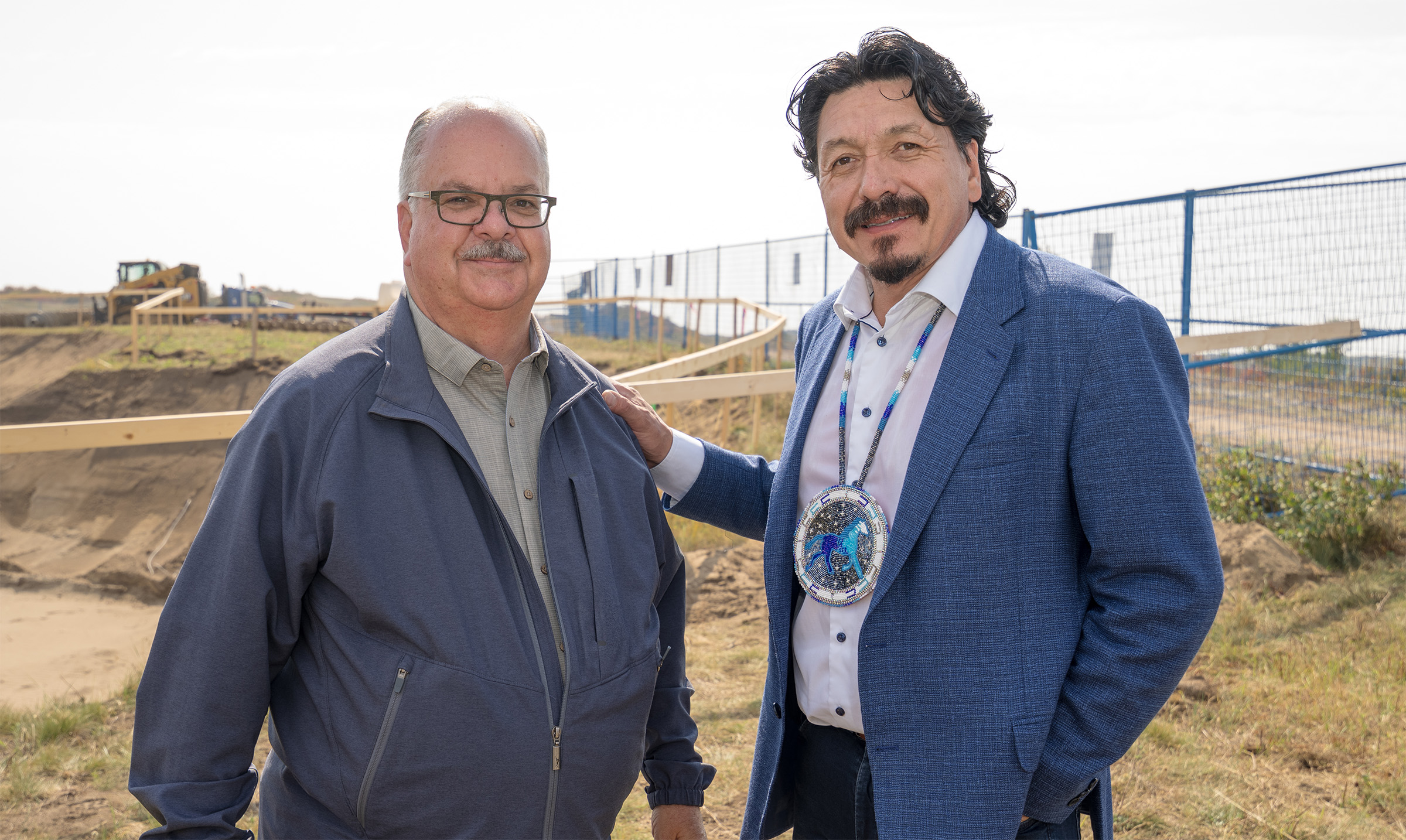 Derek Kindrachuk of Kindrachuk Agrey Architecture and Chief Darcy Bear of Whitecap Dakota Nation at VHH facility construction event.