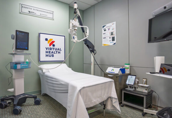 Photo of the Centre for Excellence in Robotic Ultrasonography demonstration and simulation lab, equipped with the AdEchoTech MELODY system that will be used to train future sonographers.